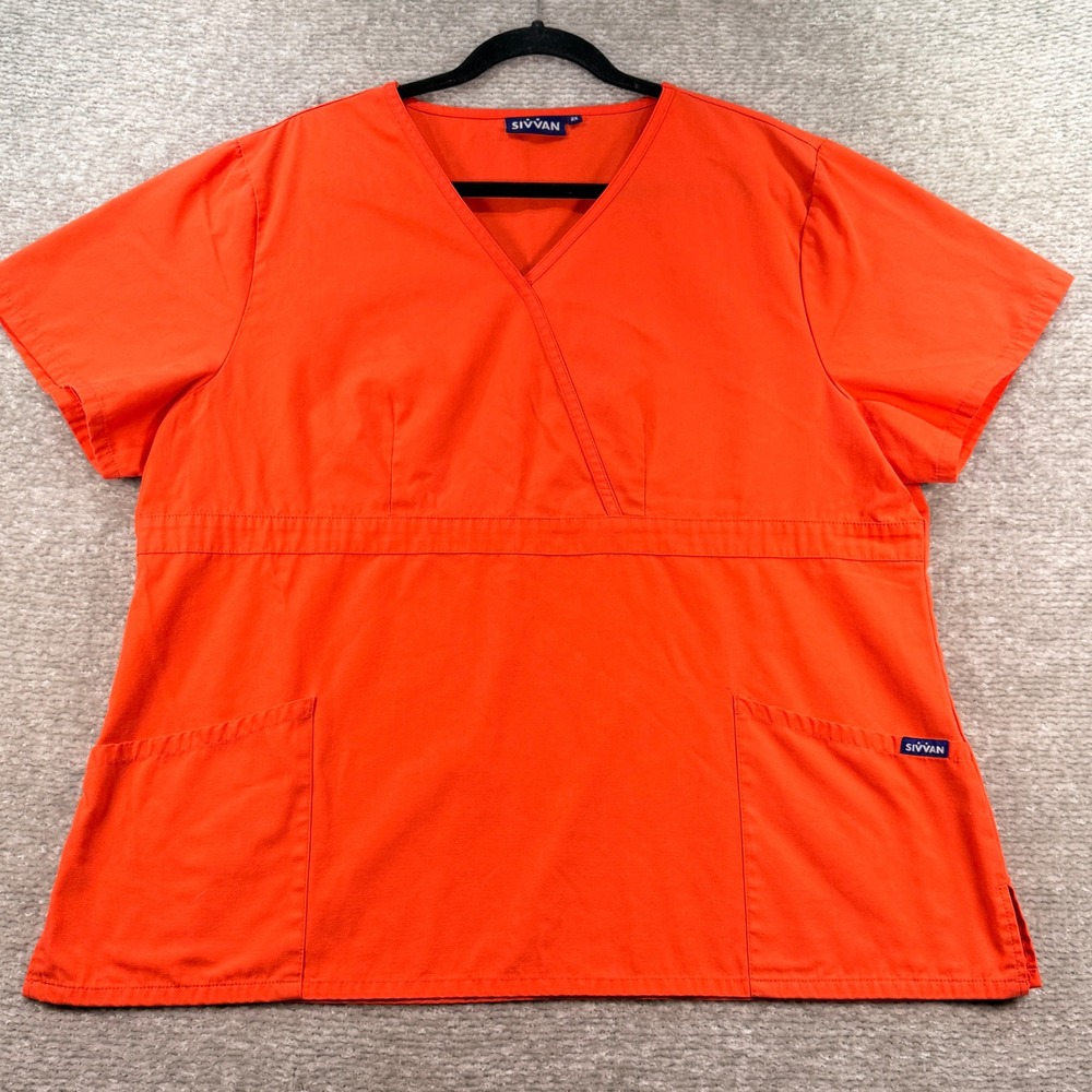 Sivvan Scrub Top Mock Wrap Cotton Blend 2X Orange Medical Uniform Short‎ Sleeve